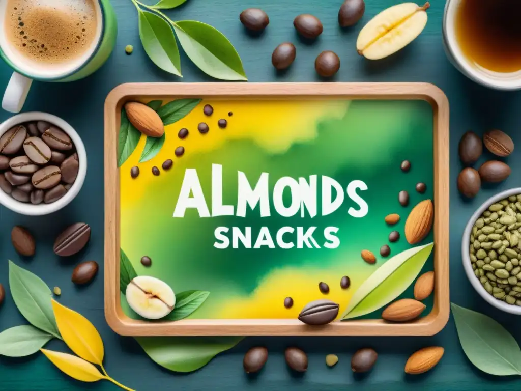 Bodegón energético: snacks para atletas con café y té verde Una ilustración detallada en acuarela de snacks energéticos saludables para deportistas, rodeados de granos de café y hojas de té verde