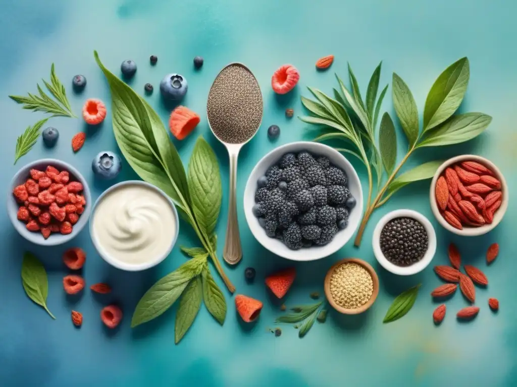 Ilustración acuarela de superalimentos para yogur vegano Una ilustración detallada en acuarela de superalimentos vibrantes para recetas de yogurt vegano