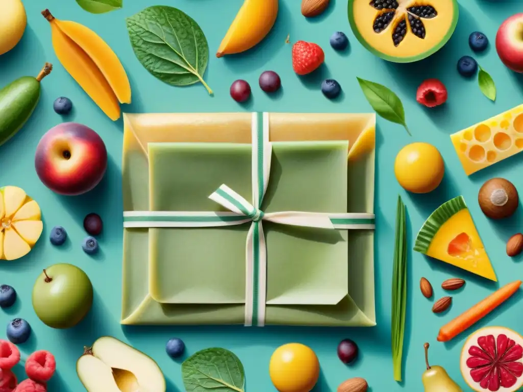 Snacks saludables en envolturas de cera de abeja: ilustración acuarela detallada Una ilustración detallada en acuarela de un surtido de snacks saludables envueltos en Envolturas de Cera de Abejas Sostenible