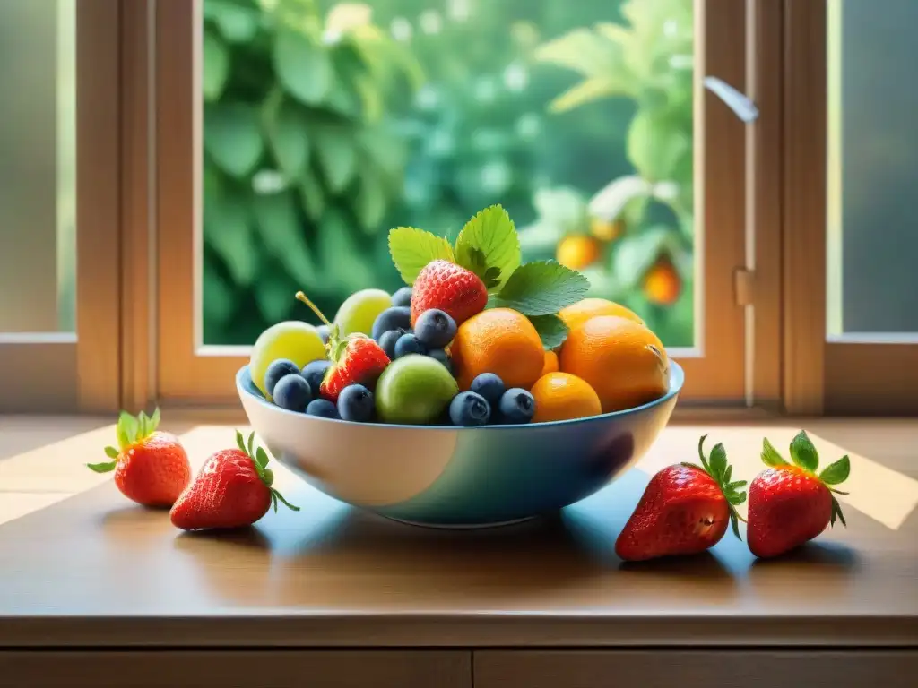 Deliciosa explosión frutal: acuarela vibrante llena de frescura Una ilustración detallada en acuarela de un tazón de frutas vibrante y fresco, perfecto para snacks saludables para controlar calorías