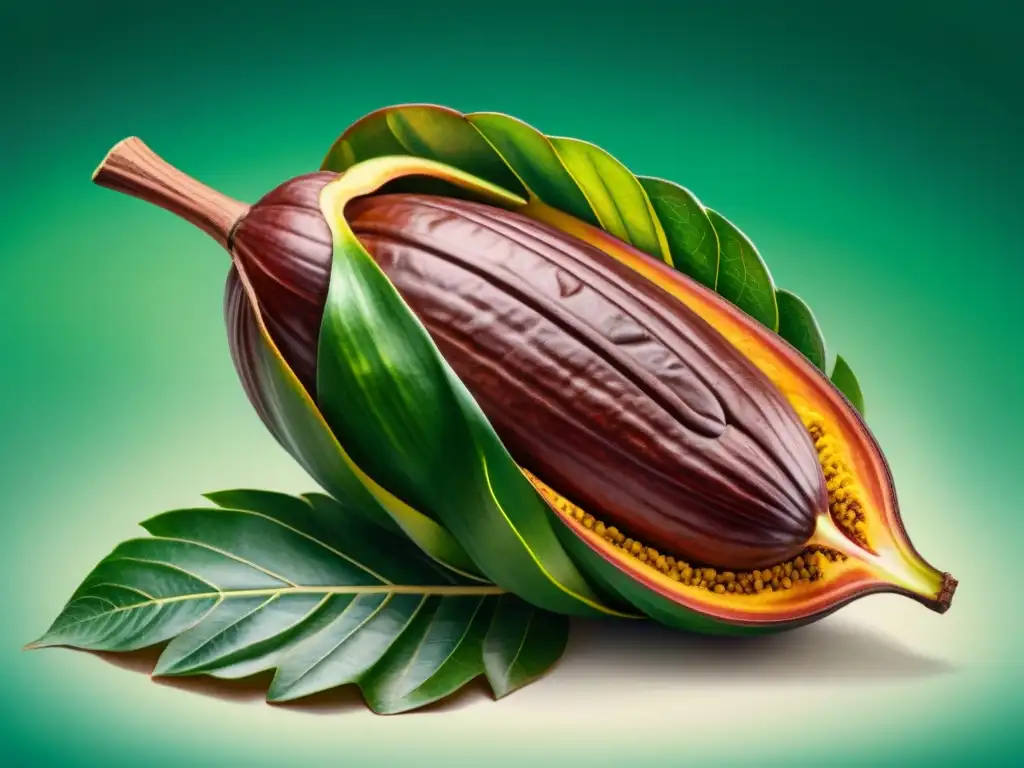 Ilustración detallada de cacao con hojas y flores Una ilustración detallada en acuarela de una vaina de cacao rodeada de hojas y flores, destacando la belleza natural de la planta