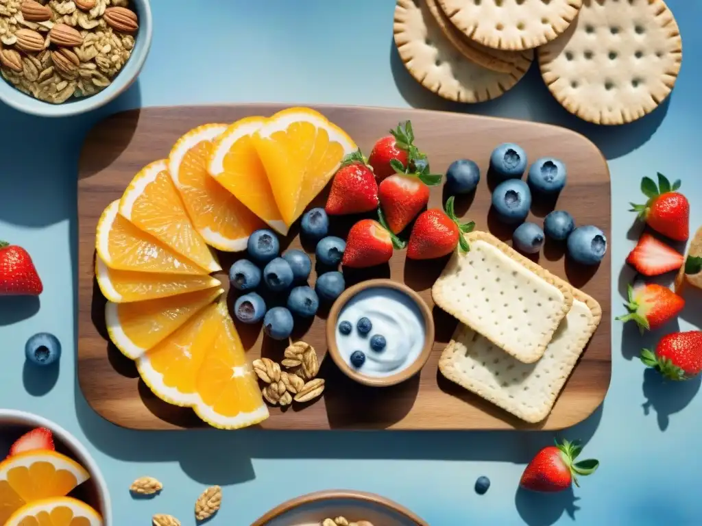 Deliciosos snacks saludables para niños en acuarela Una ilustración detallada en acuarela de variados snacks saludables para niños impacto, como frutas, galletas integrales, mantequilla de frutos secos y yogurt con granola y miel