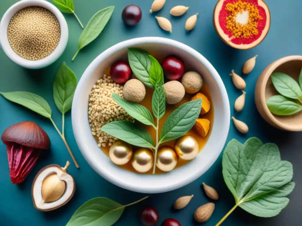 Armonía de Adaptógenos y Snacks Saludables Una ilustración detallada en acuarela que muestra una variedad de adaptógenos populares integrados en opciones de snacks saludables