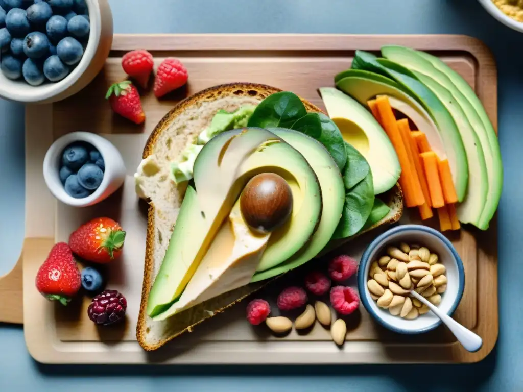 Bodegón de snacks saludables: variedad vibrante en acuarela Una ilustración detallada en acuarela de una variedad vibrante de snacks saludables para alimentación consciente en tabla de cortar de madera