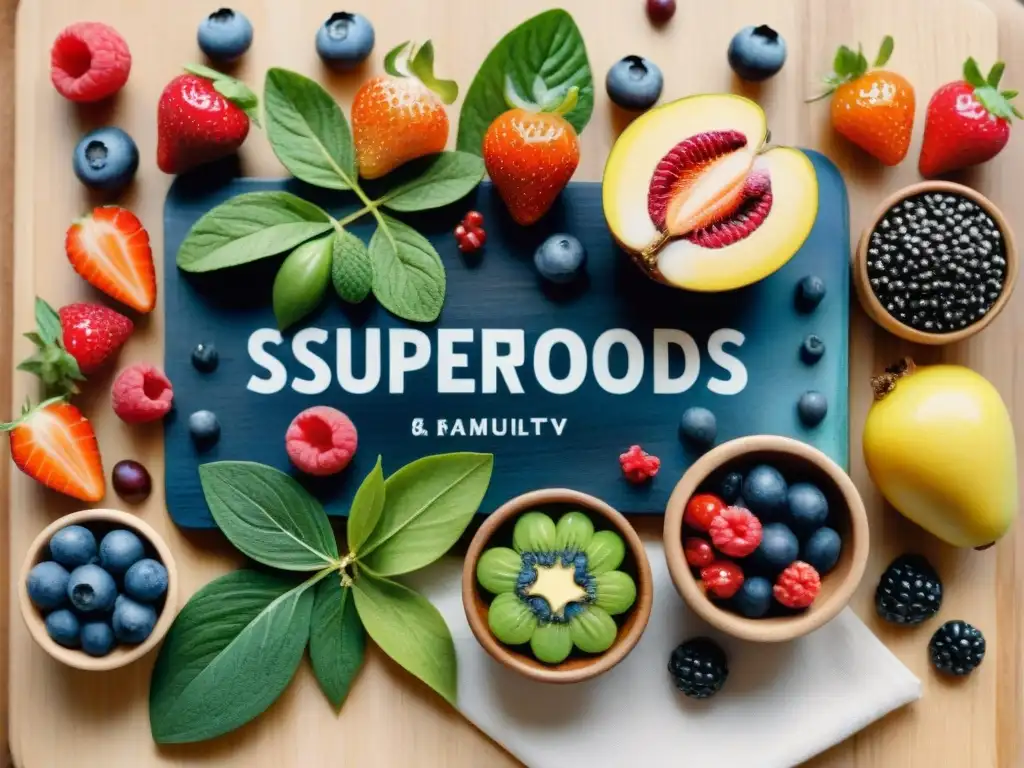 Diversidad de superalimentos en acuarela: bayas, frutos secos y hojas verdes en tabla de cortar Una ilustración detallada en acuarela de una variedad vibrante de superalimentos comúnmente utilizados en snacks saludables, como bayas coloridas, frutos secos, semillas y verduras de hoja, todos delicadamente dispuestos en una tabla de cortar de madera con gotas de agua brillando en sus