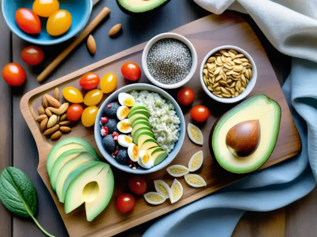 Deliciosos snacks sin gluten en acuarela Una ilustración detallada en acuarela de una variedad de snacks saludables sin gluten dispuestos en una tabla de cortar de madera