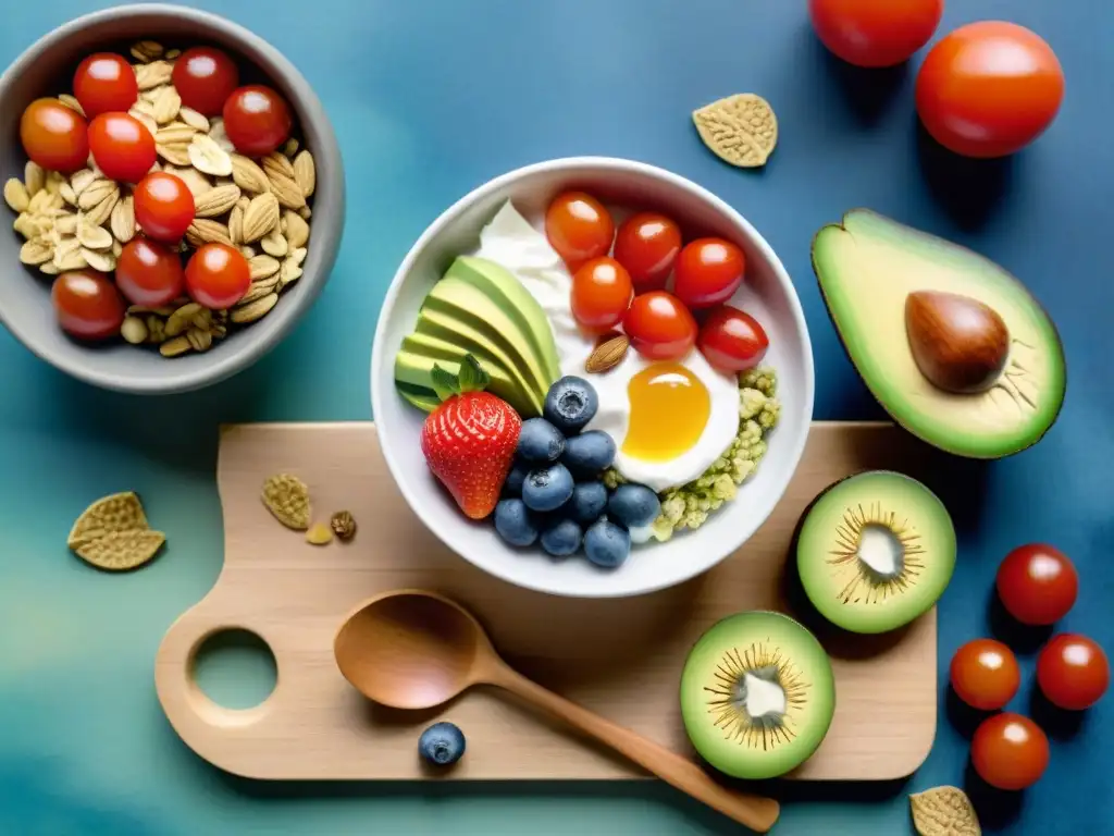Deliciosos snacks saludables sin gluten en acuarela Una ilustración detallada en acuarela de una variedad de snacks saludables sin gluten dispuestos sobre una tabla de cortar de madera