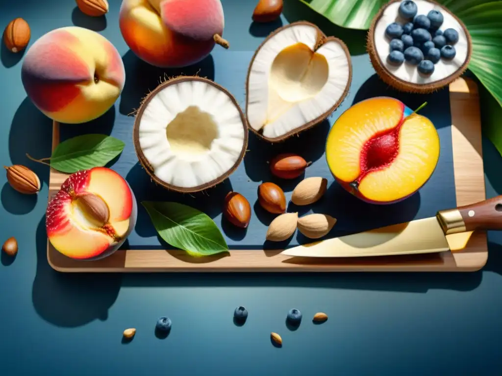 Bodegón de frutas y frutos secos en acuarela detallada Una ilustración detallada en acuarela de una variedad vibrante de frutas frescas y frutos secos, con gotas de agua brillando en ellas
