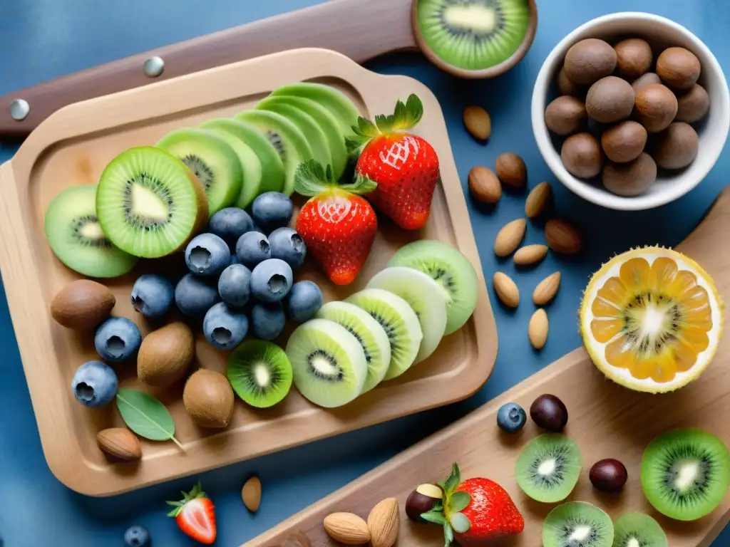 Una ilustración detallada en acuarela de variedad de snacks sin gluten para gym dispuestos en tabla de madera, con frutas y frutos secos vibrantes