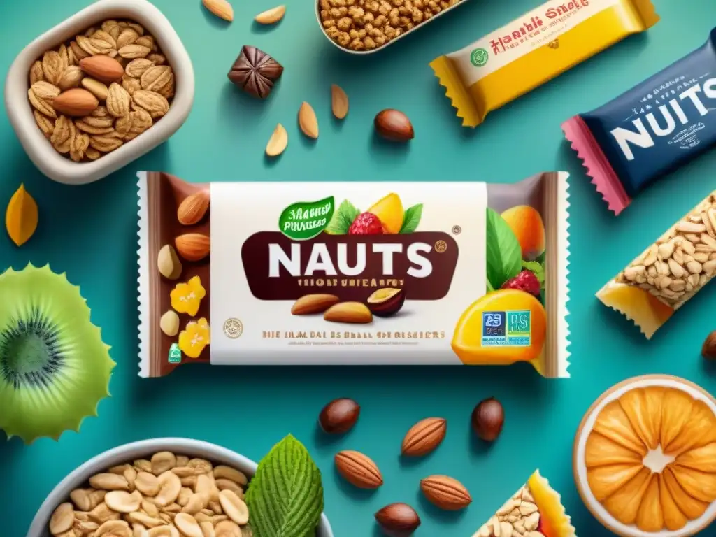 Una ilustración detallada en acuarela de una variedad de snacks saludables con certificaciones halal y kosher destacadas