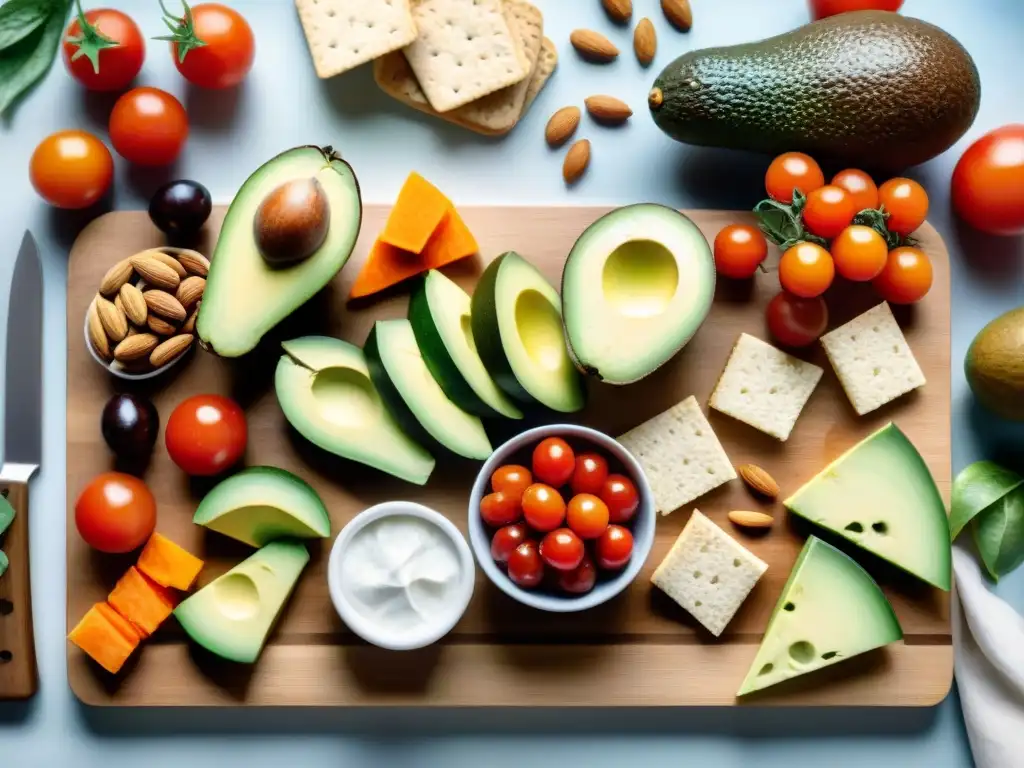 Bodegón saludable: variedad de snacks coloridos y vibrantes en acuarela Una ilustración detallada en acuarela de una variedad de snacks saludables y vibrantes en un tablero de cortar de madera