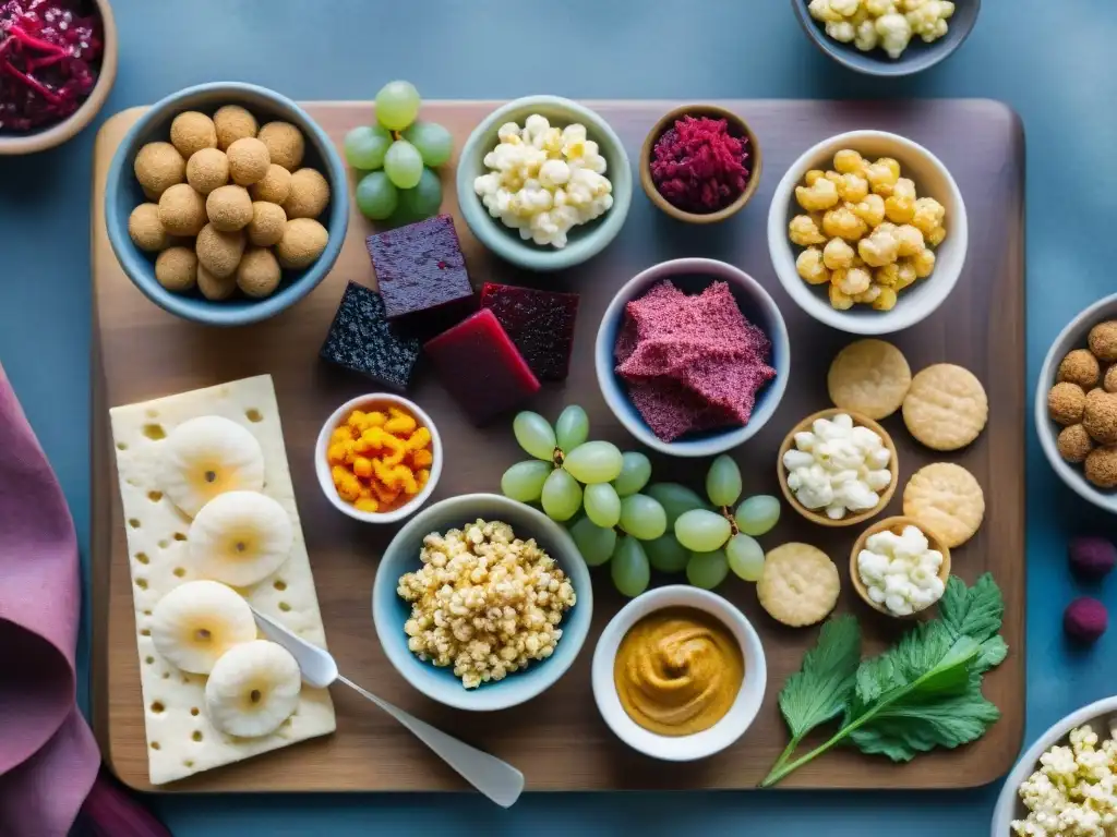 Deliciosos snacks fermentados: fusión de tradición y modernidad Una ilustración detallada en acuarela de una variedad diversa de snacks fermentados modernos en una tabla de cortar de madera