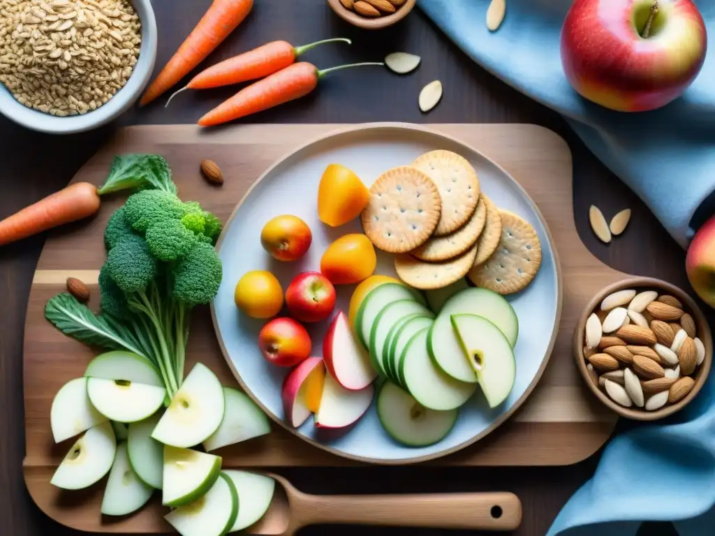 Bodegón saludable: snacks coloridos y frescos en acuarela Una ilustración detallada en acuarela de una variedad de snacks coloridos y nutritivos en una tabla de cortar de madera
