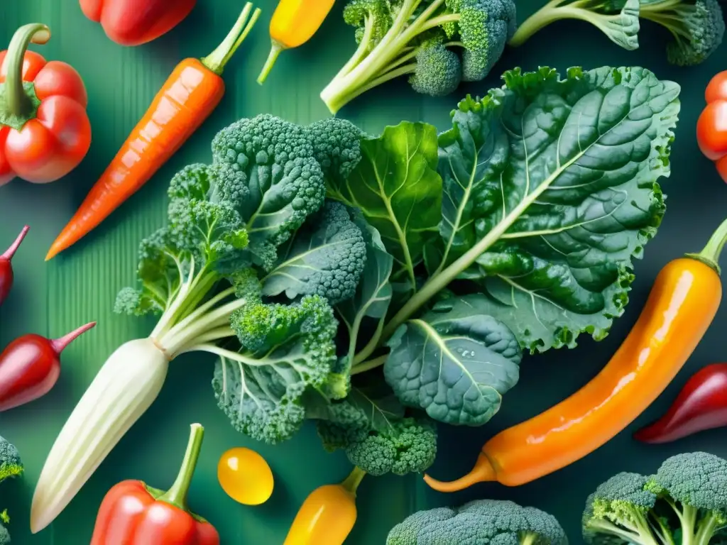 Ilustración acuarela de verduras vibrantes para barras nutricionales Una ilustración detallada en acuarela de vibrantes vegetales como kale, zanahorias, pimientos y brócoli, resaltando su belleza natural