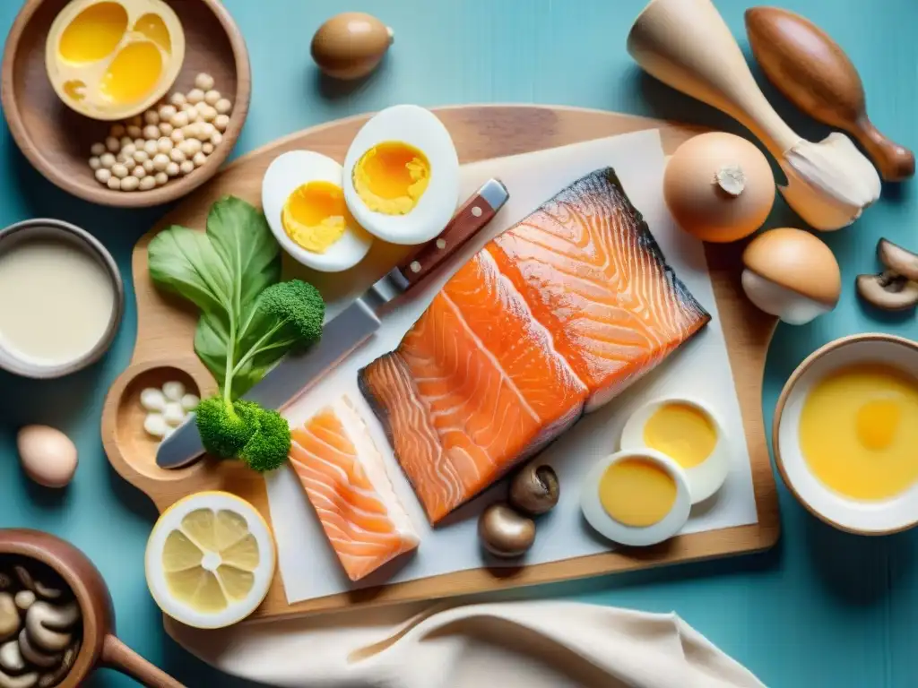 Deliciosos alimentos ricos en vitamina D: ilustración acuarela Una ilustración detallada en acuarela de una vibrante variedad de snacks saludables con vitamina D, como salmón, huevos, leche fortificada y champiñones, dispuestos sobre una tabla de cortar de madera y un fondo suave y colorido para evocar una sensación de salud y