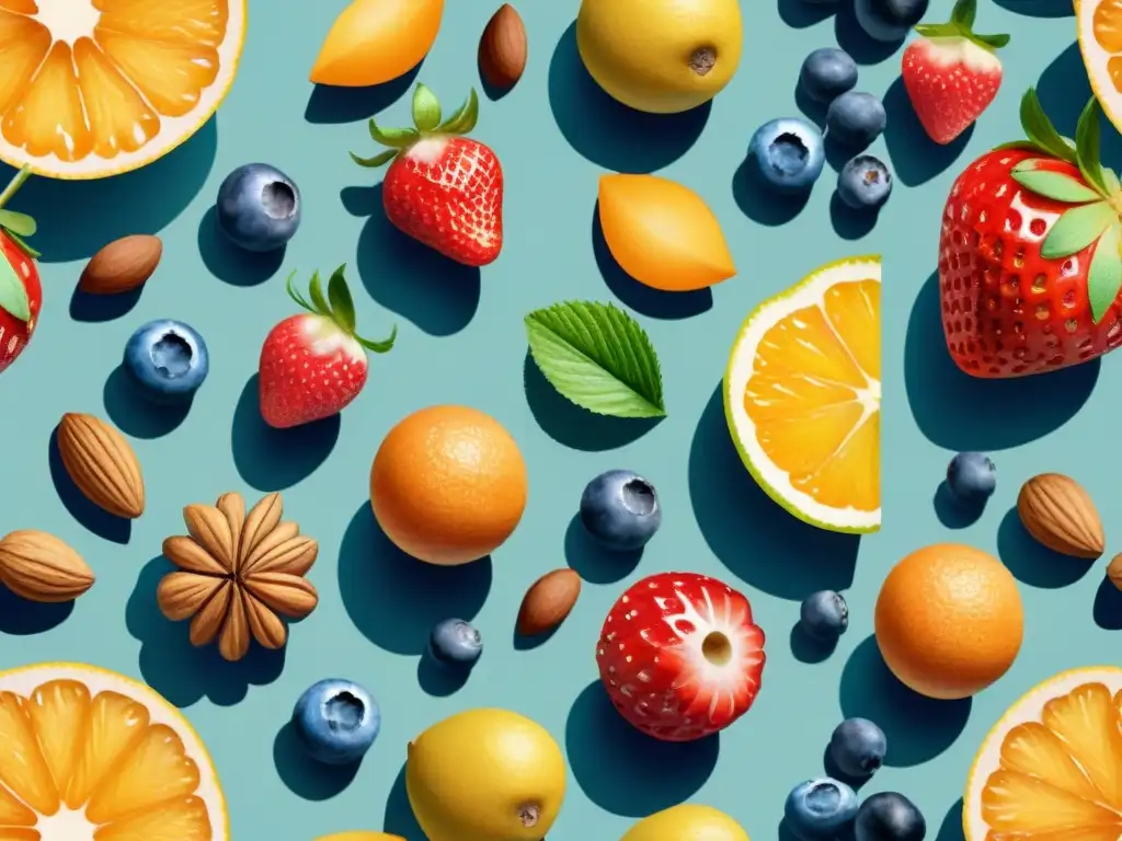Snacks saludables: ilustración vibrante de frutas y frutos secos Una ilustración detallada en acuarela de una vibrante variedad de snacks saludables para mejorar concentración, con frutas frescas y frutos secos