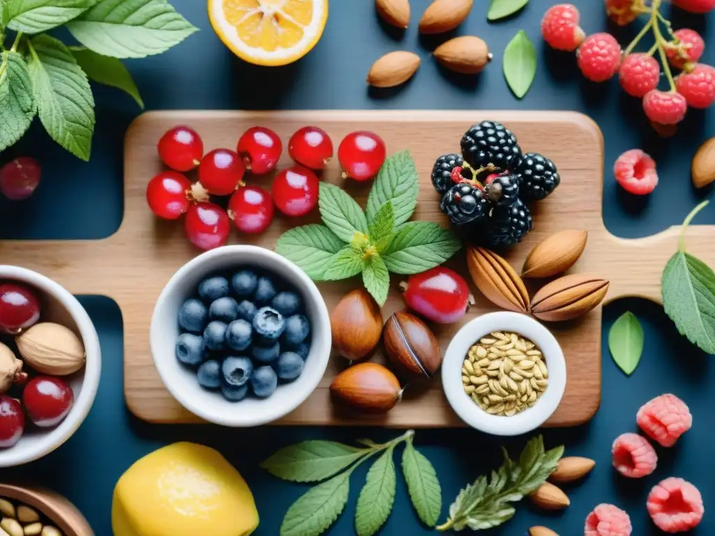Deliciosos snacks adaptogénicos en acuarela Deléitate con una ilustración detallada en acuarela de una vibrante variedad de snacks adaptogénicos saludables en una tabla de cortar de madera