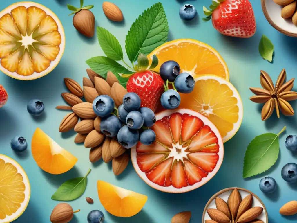 Deliciosos snacks saludables: Frutas y frutos secos en acuarela Una ilustración detallada en acuarela de una vibrante variedad de snacks saludables para alimentación consciente, con frutas frescas y frutos secos