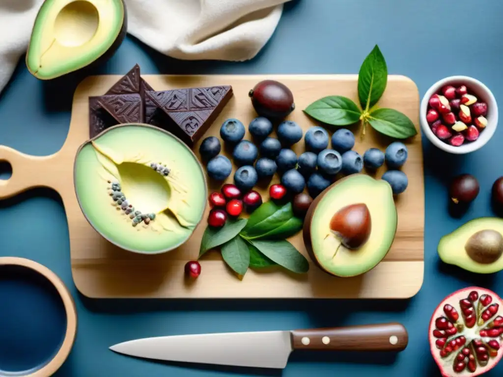 Deliciosos superalimentos en acuarela Una ilustración detallada en acuarela de un vibrante surtido de snacks de superalimentos en una tabla de cortar de madera