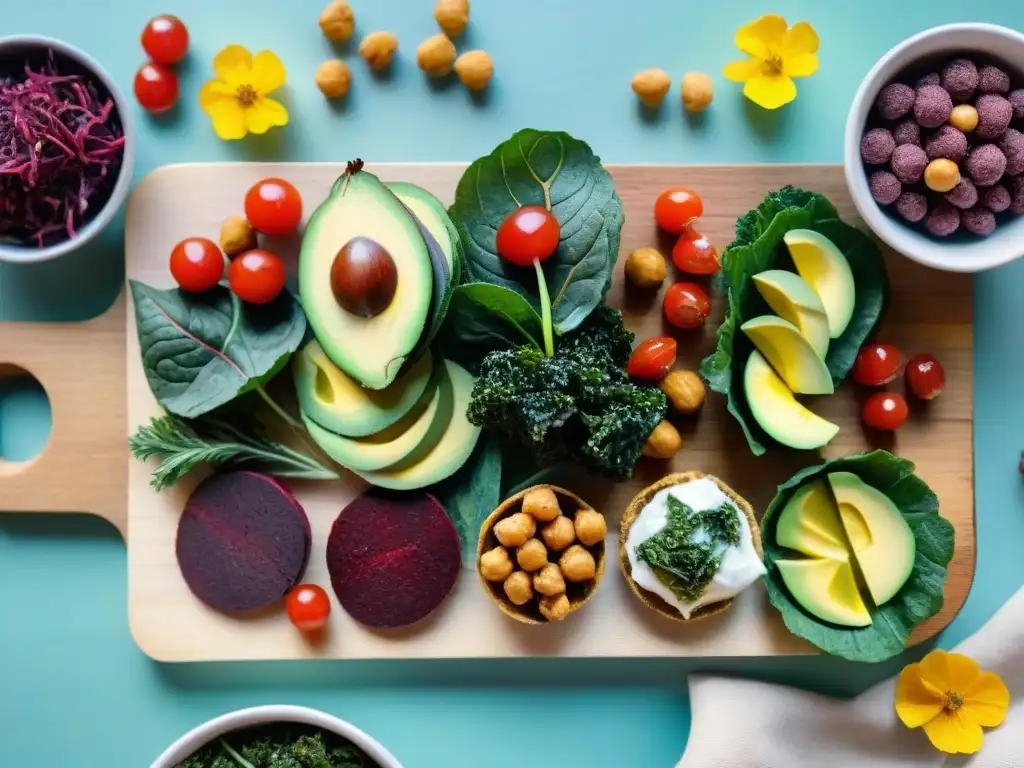 Deliciosos snacks veganos en acuarela Una ilustración detallada en acuarela de una vibrante selección de snacks veganos saludables innovadores, exudando frescura y colorido