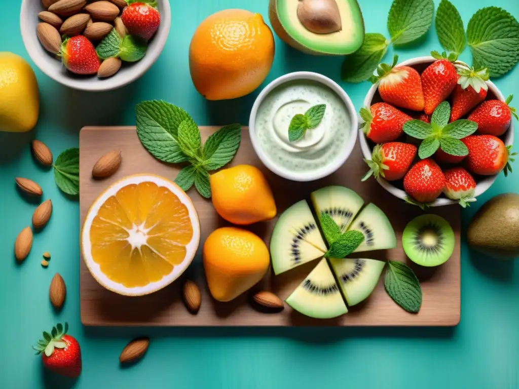 Bodegón de snacks preentrenamiento: frutas, frutos secos y dips Una ilustración detallada en acuarela de vibrantes snacks saludables para perder peso en tabla de madera