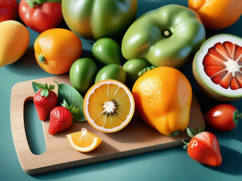 Bodegón de frutas y verduras ricas en vitamina C Una ilustración detallada en acuarela de vibrantes snacks saludables con vitamina C sobre tabla de cortar de madera