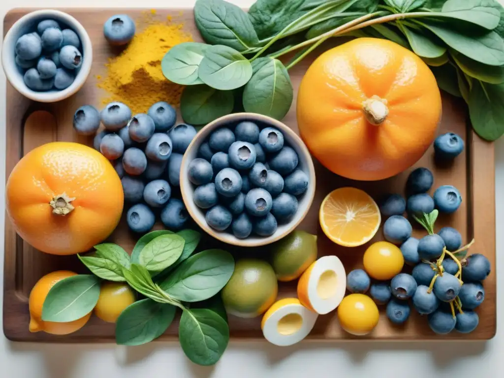 Ilustración acuarela de superalimentos inmunes Una ilustración detallada en acuarela de vibrantes superalimentos para sistema inmune en tabla de madera con hierbas frescas al fondo