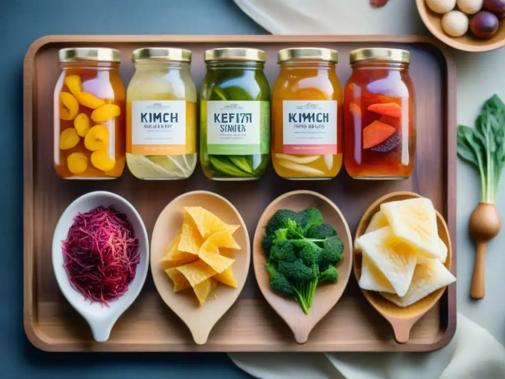Deliciosos snacks fermentados: kimchi, sauerkraut, kefir y kombucha Una ilustración detallada en acuarela de vibrantes snacks fermentados para salud intestinal, resaltando colores y texturas