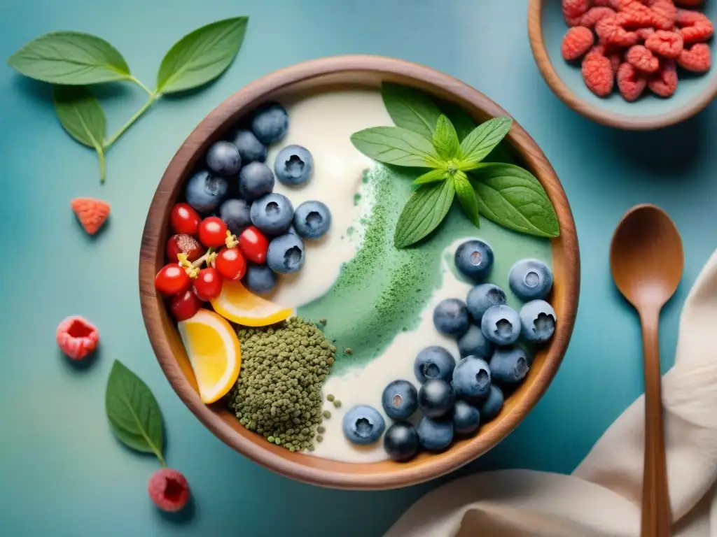 Vibrante selección de superfoods para yogur vegano Una ilustración detallada de superfoods en un bol de madera rústico sobre fondo pastel