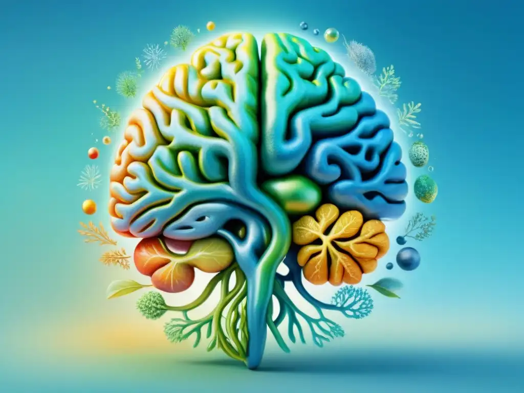 Ilustración acuarela: Cerebro con omega3 Una ilustración acuarela detallada de un cerebro humano abstracto con omega3 nutriendo sinapsis