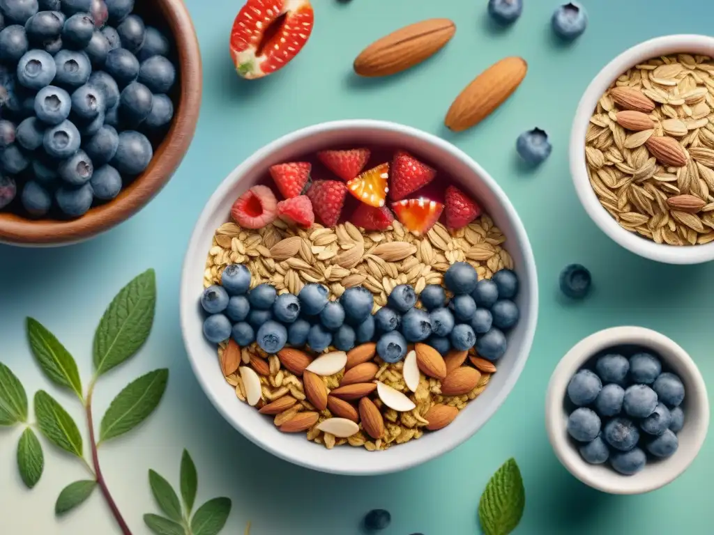 Deliciosos superalimentos en acuarela: chía, bayas y más Una ilustración detallada y colorida de superfoods para receta granola casera saludable, fresca y educativa