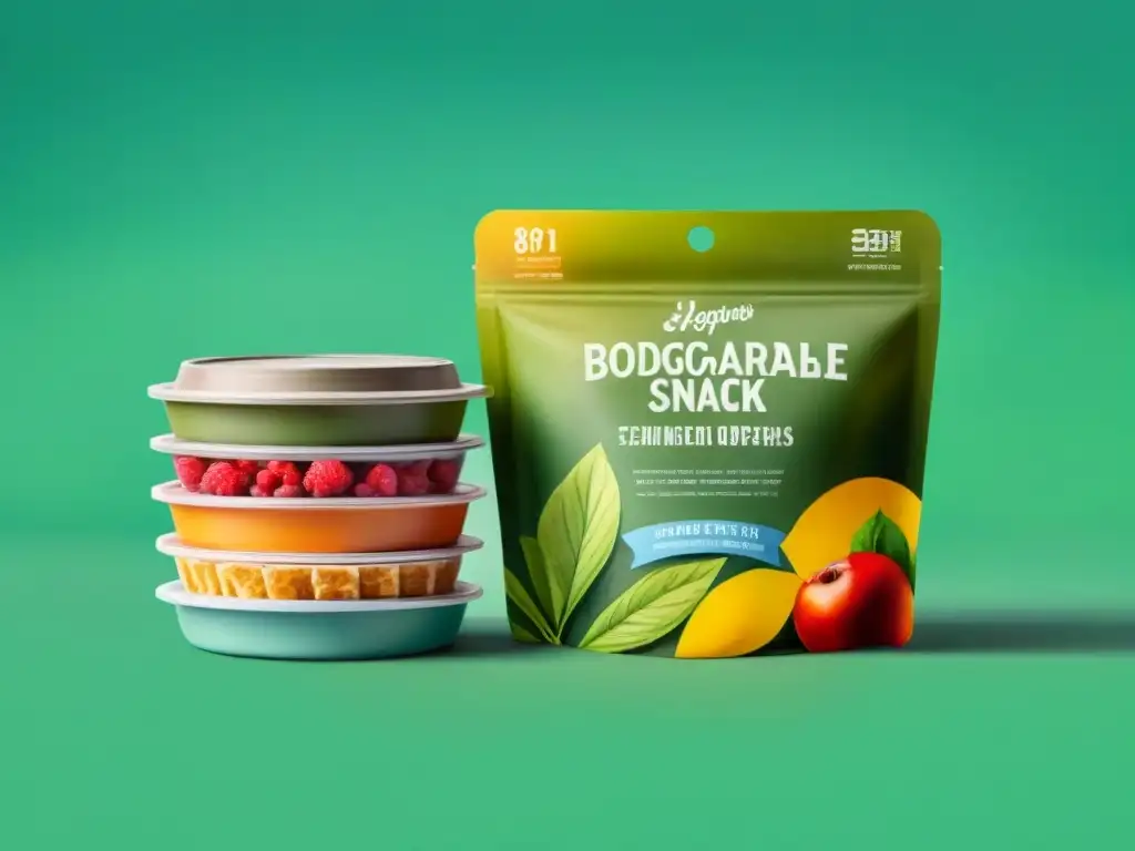 Envases ecológicos: innovación y sostenibilidad en snacks Una ilustración acuarela detallada de envases ecofriendly para snacks saludables, resaltando la innovación en packaging sostenible