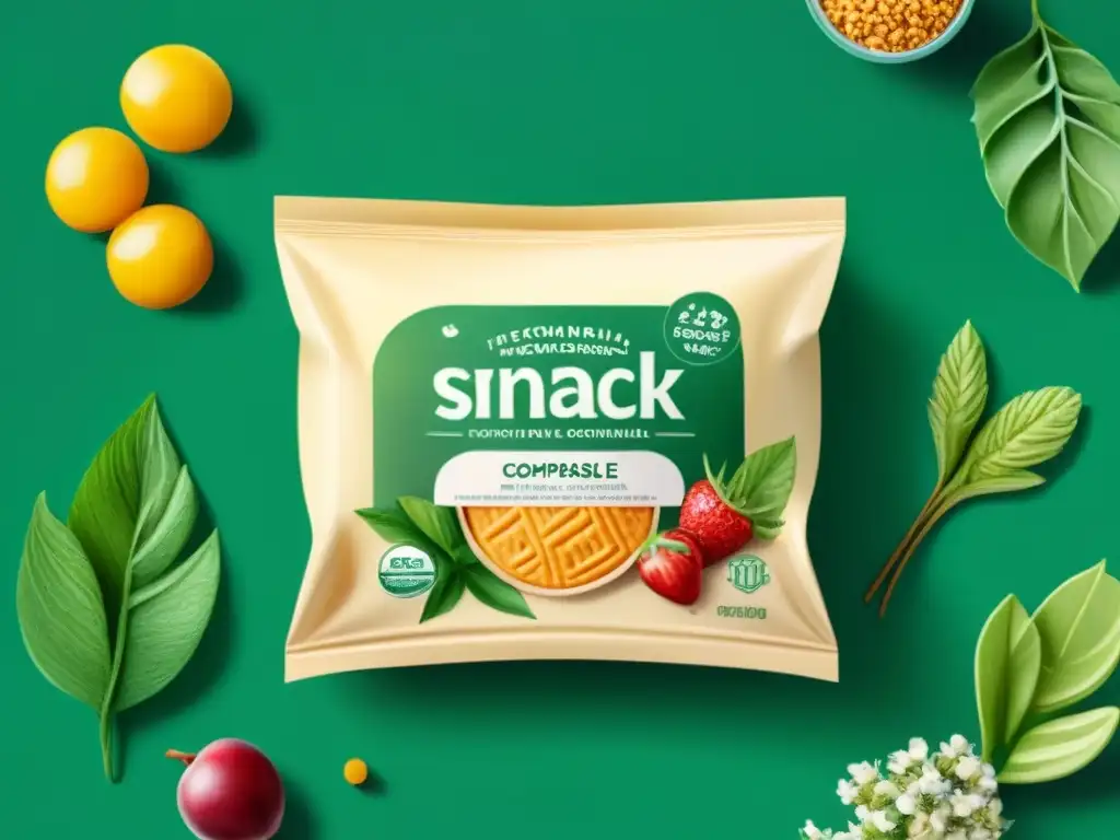 Packaging ecológico: alternativas coloridas y sostenibles Una ilustración acuarela detallada de envases ecológicos para snacks entre hojas verdes y flores, transmitiendo sostenibilidad y conciencia ambiental