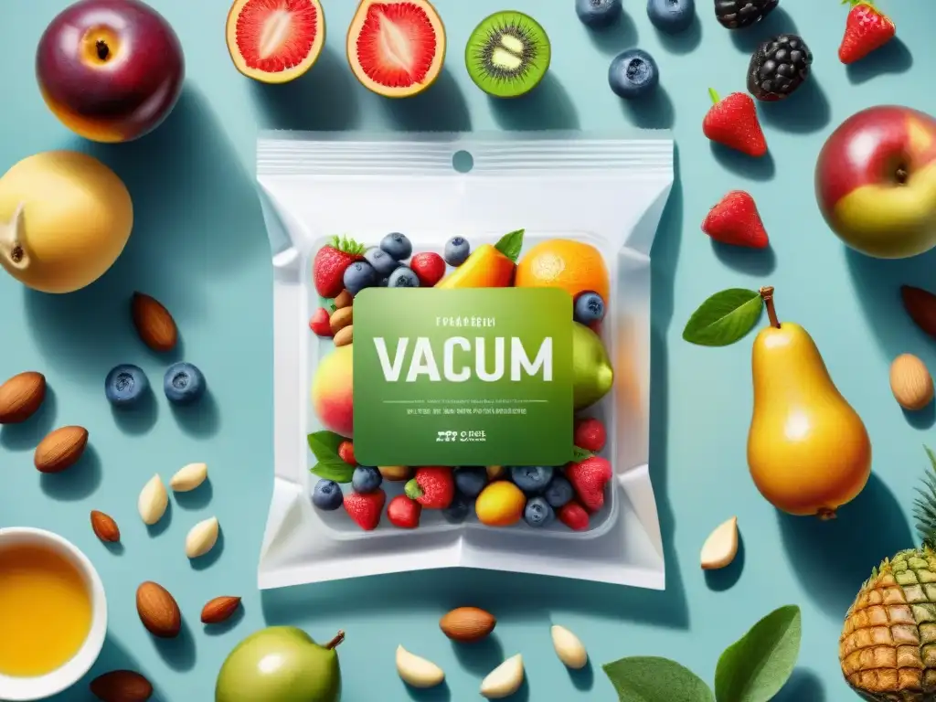 Deliciosas frutas y frutos secos al vacío: frescura y color Una ilustración detallada de frutas y frutos secos envasados al vacío, transmitiendo frescura y salud