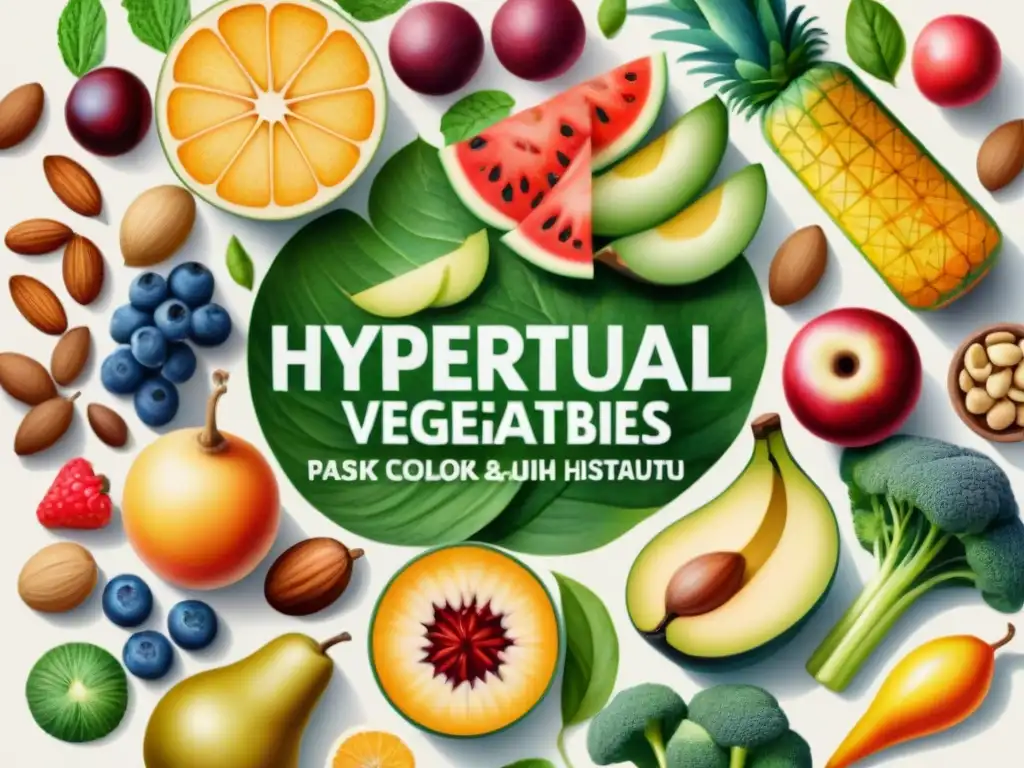 Alimentos coloridos para un microbioma saludable Una ilustración detallada de frutas, verduras, frutos secos y semillas, representando snacks saludables para el microbioma intestinal