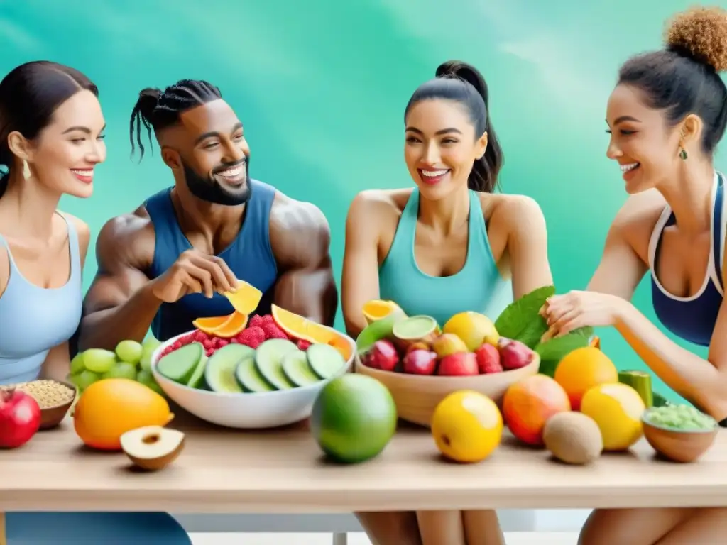 Reunión de influencers saludables: fitness, nutrición y estilo de vida Una ilustración detallada de influenciadores diversos en una agencia de marketing de influencers snacks saludables