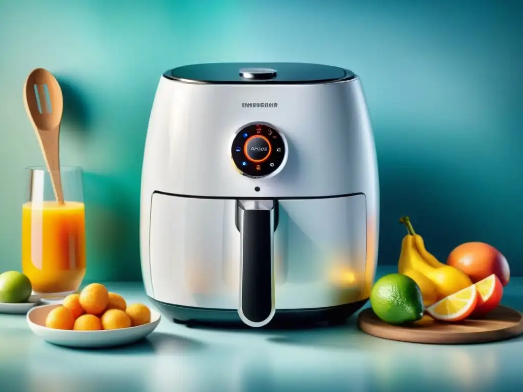 Air Fryer Futurista con Accesorios Vibrantes Una ilustración detallada de una moderna freidora de aire rodeada de accesorios vibrantes para snacks saludables con freidoras de aire