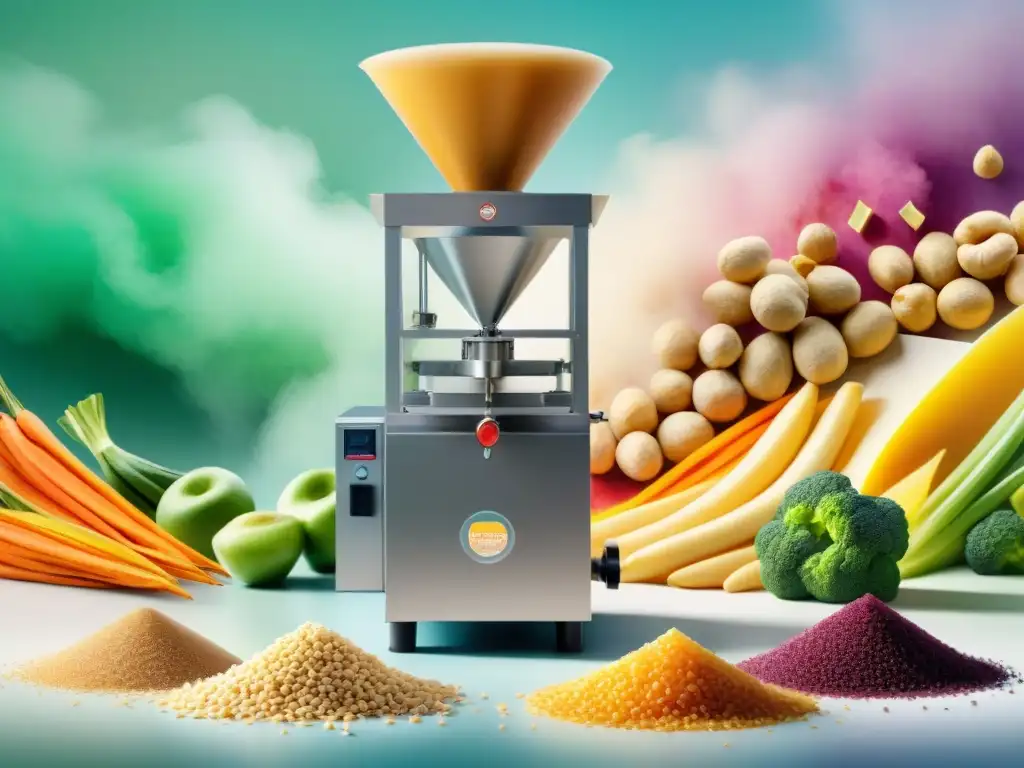 Maquinaria moderna en acción: snacks saludables en acuarela Una ilustración acuarela detallada de una moderna máquina de extrusión creando texturas snacks saludables con ingredientes frescos y coloridos