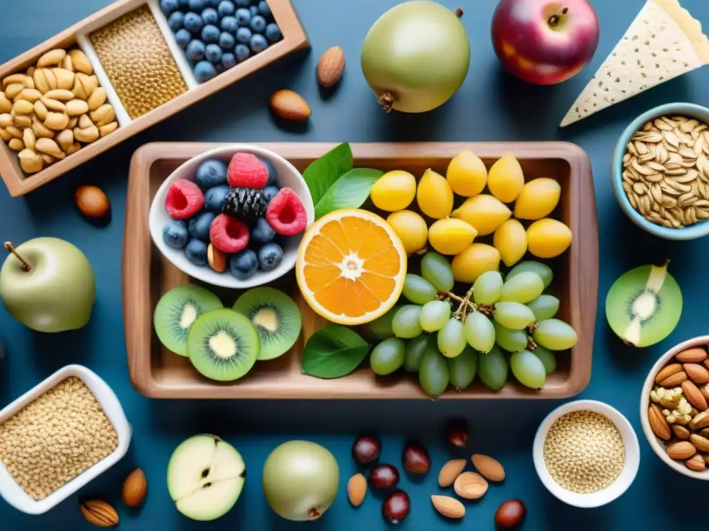 Deliciosos snacks saludables: frutas, frutos secos y semillas en acuarela Una ilustración detallada de opciones de snacks saludables recomendadas, como frutas, frutos secos y semillas, sobre tabla de madera