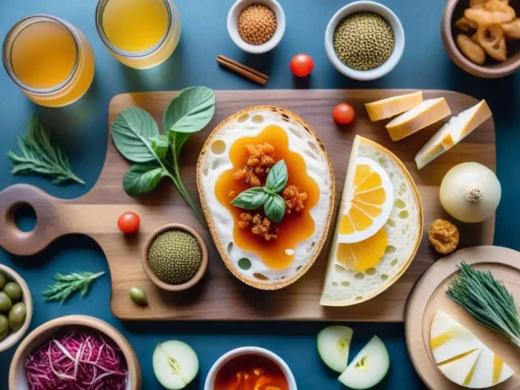 Deliciosos snacks fermentados: kombucha, kimchi y pan de masa madre Una ilustración detallada de snacks fermentados para salud intestinal en acuarela