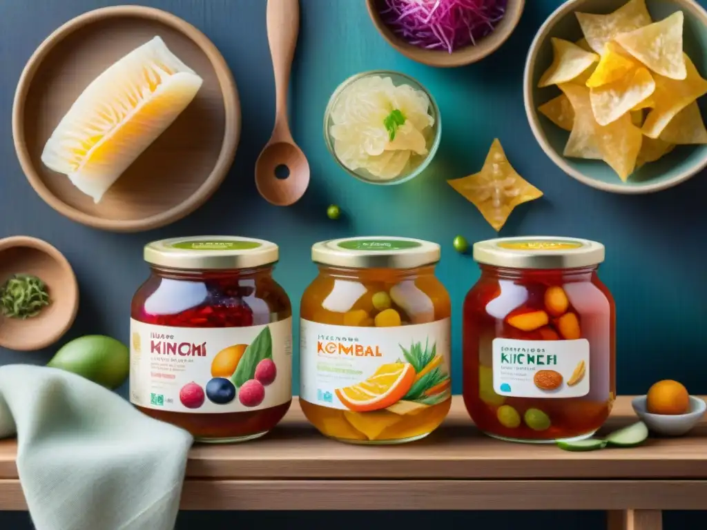 Deliciosos snacks fermentados en acuarela Una ilustración detallada de snacks fermentados modernos en una mesa de madera, resaltando sus beneficios