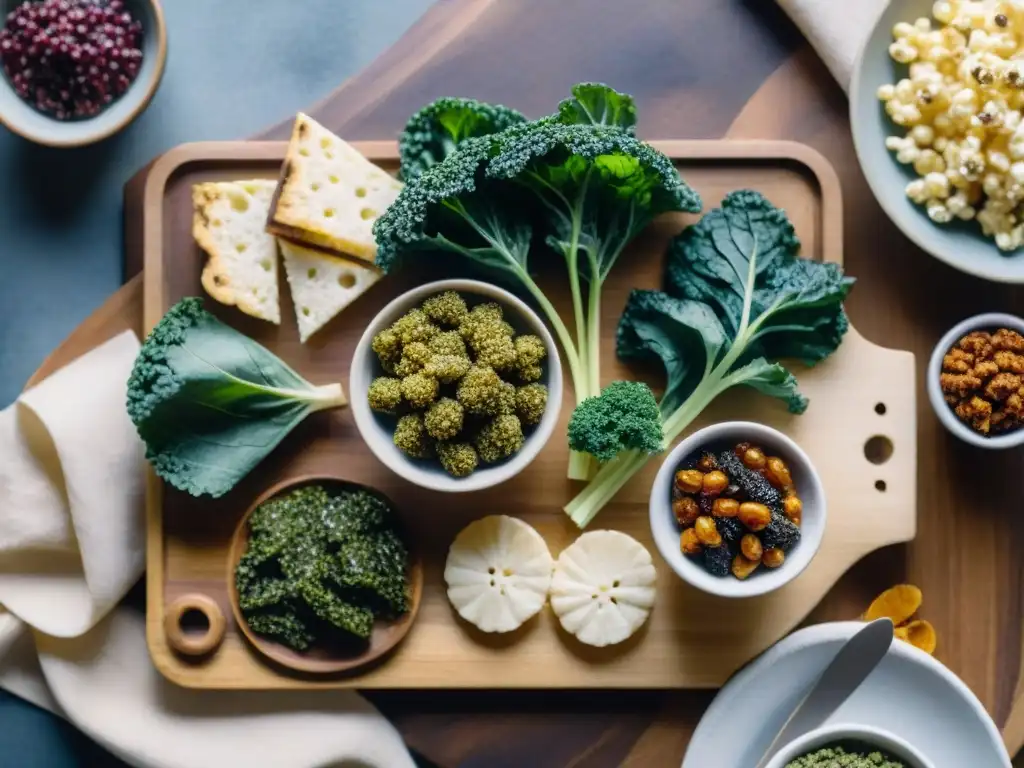 Delicias fermentadas: snacks modernos en acuarela Una ilustración detallada de snacks fermentados modernos en una tabla de cortar de madera, fusionando técnicas antiguas con tendencias contemporáneas