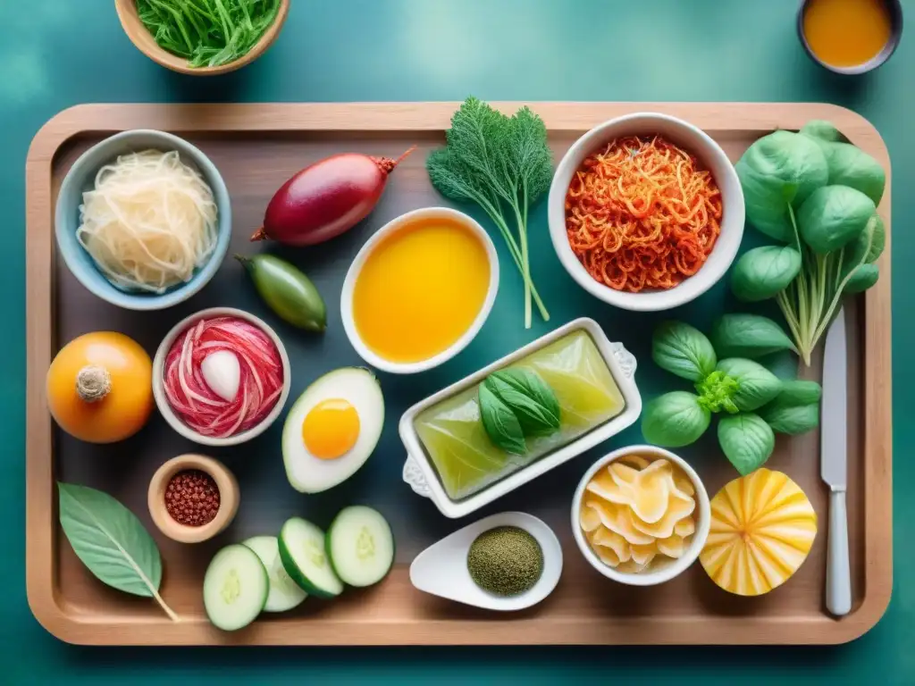Deliciosas delicias fermentadas: ilustración detallada en acuarela Una ilustración detallada de snacks fermentados coloridos en tabla de madera