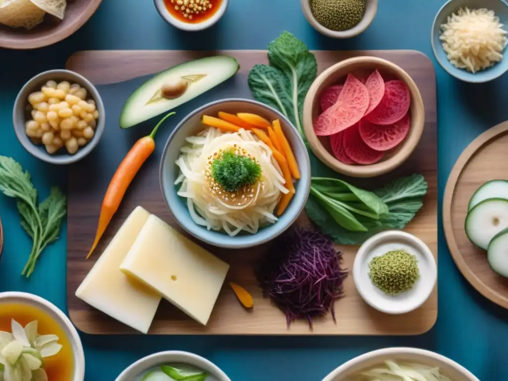 Deliciosos alimentos fermentados: arte y salud gutural Una ilustración detallada de snacks fermentados para salud intestinal en vibrantes colores y texturas