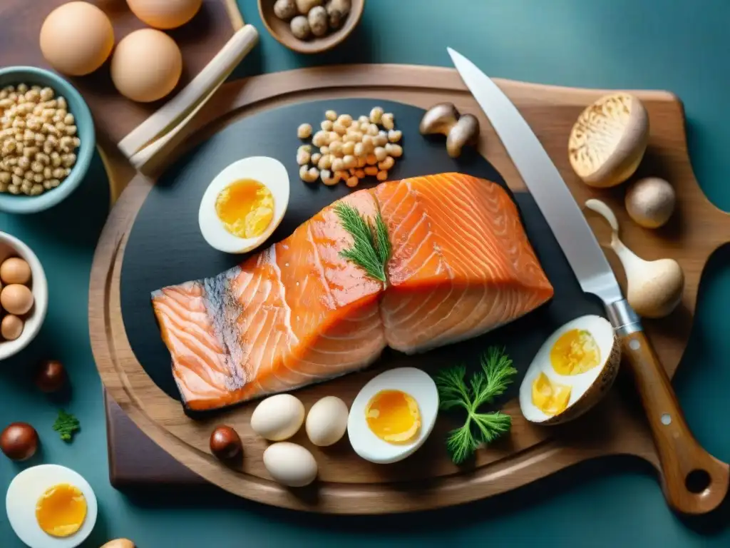 Deliciosos snacks ricos en vitamina D: detallada ilustración acuarela Una ilustración detallada de snacks saludables con vitamina D: salmón, champiñones, cereales fortificados y huevos en tabla de madera