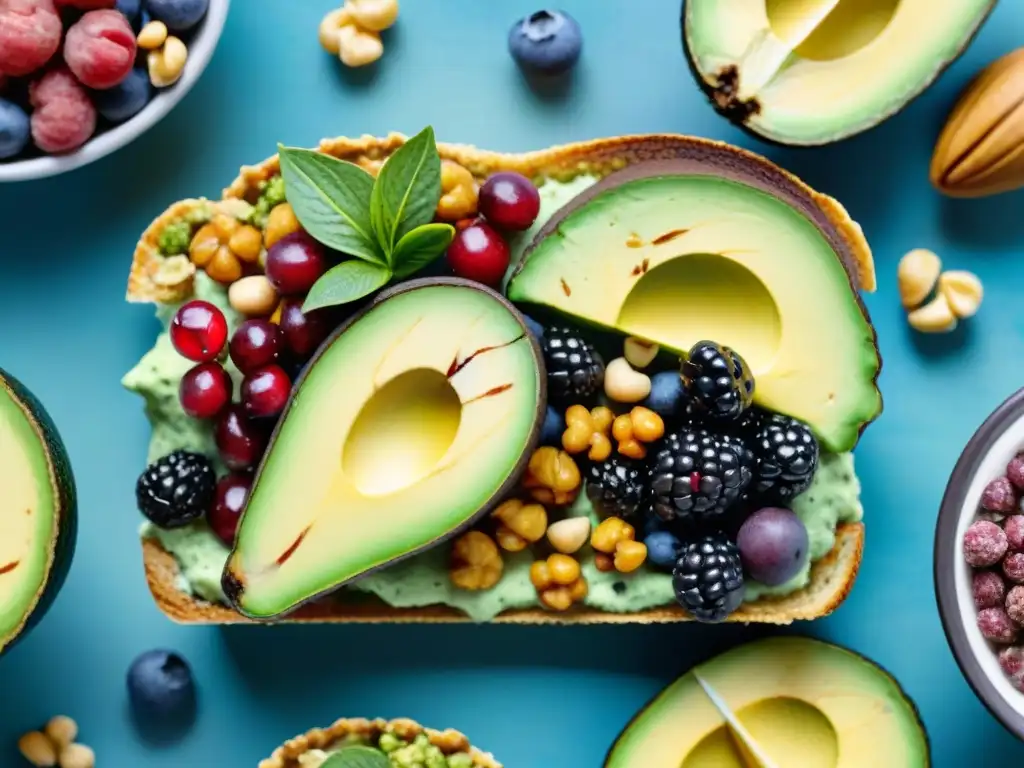 Una ilustración detallada de snacks saludables innovadores y deliciosos: tostadas de aguacate, pudin de chía, garbanzos y bowls de açaí