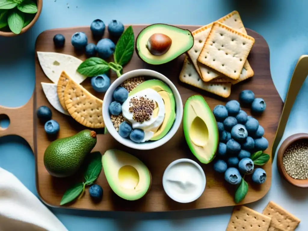 Bodegón de snacks saludables: Detalles en acuarela para atletas Una ilustración detallada de snacks saludables para aumentar masa muscular en tabla de madera