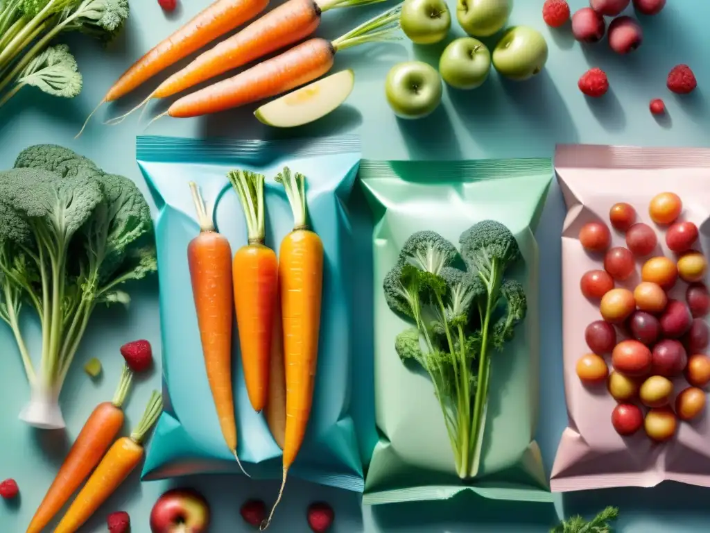 Deliciosos snacks frescos al vacío: ilustración acuarela Una ilustración acuarela detallada de snacks saludables envasados al vacío: zanahorias, manzanas y bayas frescas en bolsas transparentes