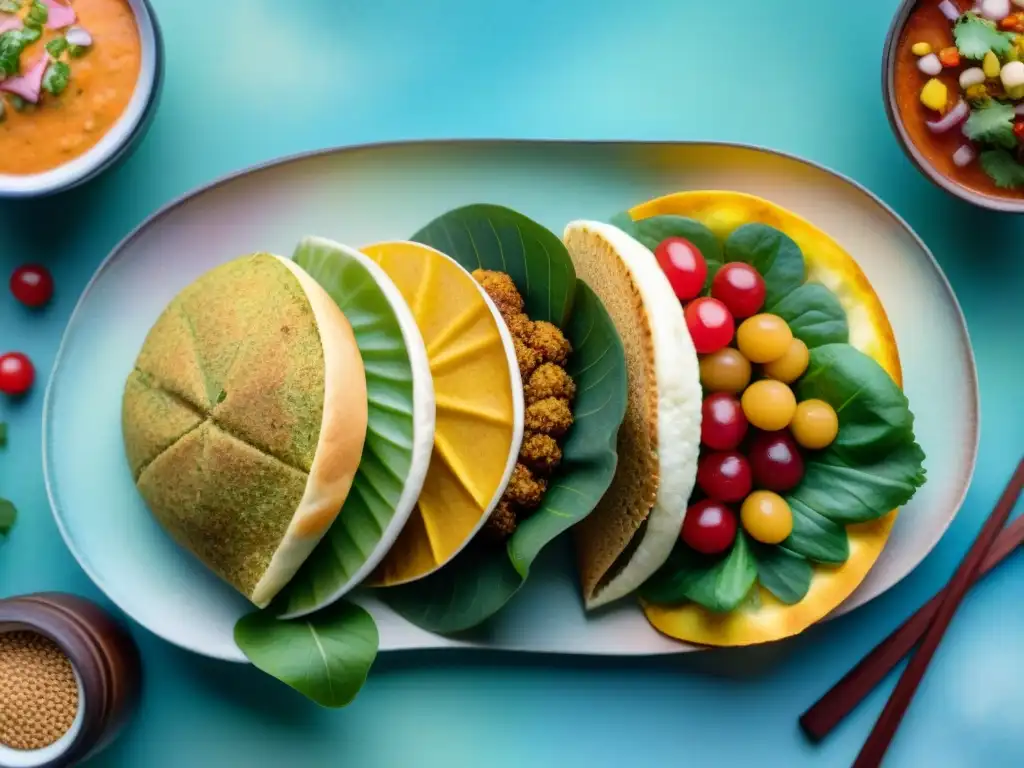 Delicias veganas del mundo: ilustración acuarela Una ilustración detallada de snacks veganos internacionales: falafel, sushi, samosas y ceviche
