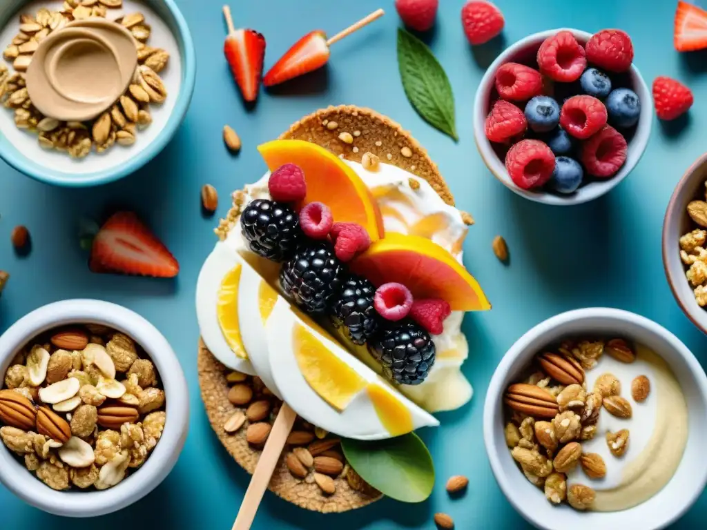 Bodegón de snacks saludables: frutas, verduras, frutos secos y yogur Una ilustración detallada y vibrante de snacks saludables para controlar calorías: frutas, verduras, frutos secos y yogur con granola y bayas